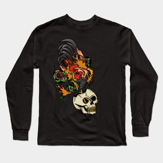 Fire Rooster, Snake and Skull Long Sleeve T-Shirt by mystiza_art